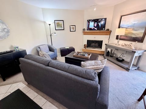 Living Area, with wall mounted smart tv and cable.