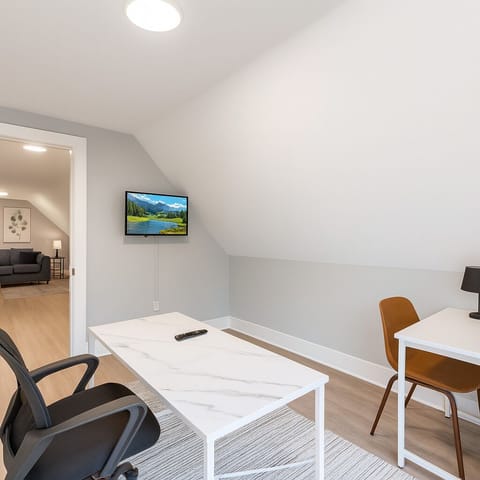 Dedicated workspace with a comfortable chair and fast Wi-Fi for remote work.