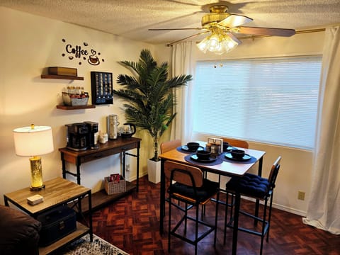 The dining room and extensive, fully stocked coffee and tea bar.