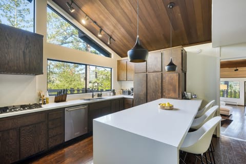 Stylish modern kitchen with sleek countertops, warm wood accents, and forest views.