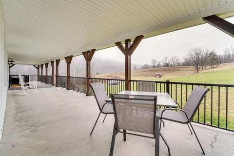 Covered Deck | Mountain & Country Views | Dining Area | Lounge Seating