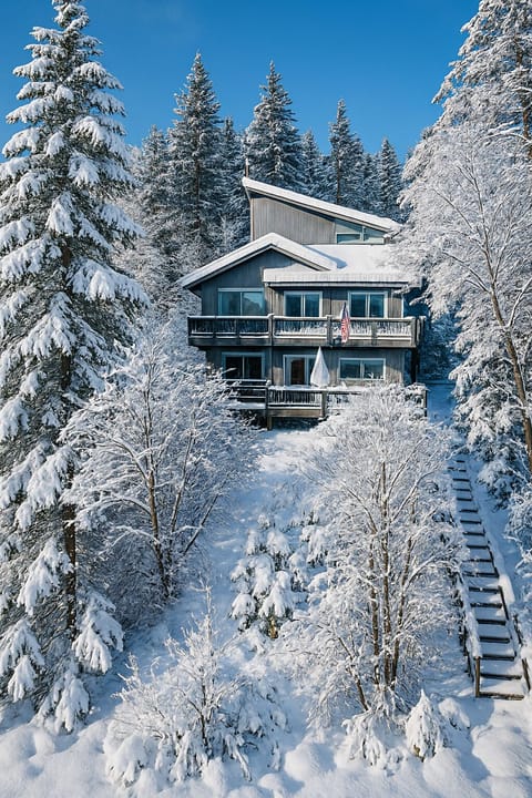 A serene winter escape wrapped in luxury and snowfall. Peaceful lake views. ❄️✨