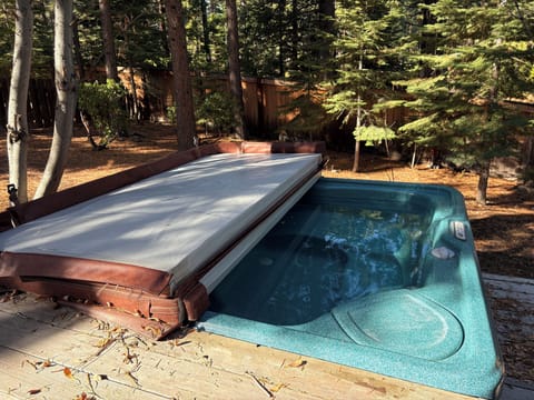 Unwind in your private hot tub nestled among towering pine trees, where you can soak under dappled forest light and enjoy the peaceful natural surroundings.