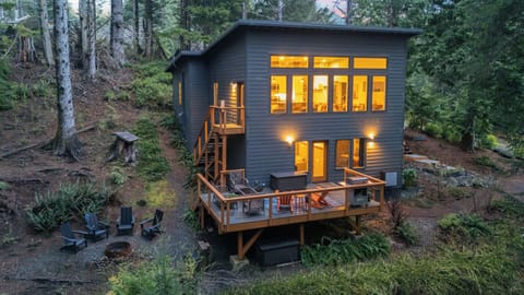 Exterior twilight view of the modern, elevated house surrounded by forest.