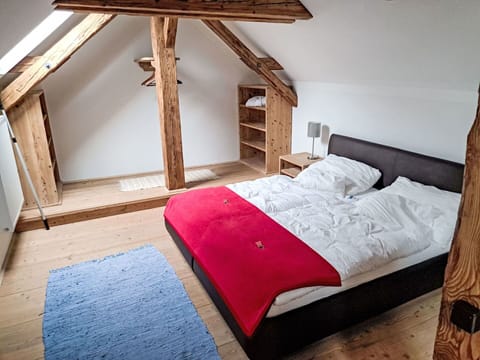 Furniture, Bed, Interior Design, Bedroom, Flooring, Floor, Wood, Room, Ceiling, Bed Sheet
