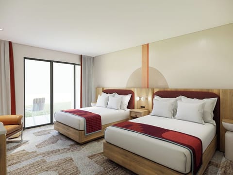 Settle into plush double-queen comfort with breezy balcony light