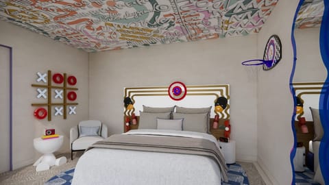 Drift off beneath whimsical ceiling art in a cozy king bed.