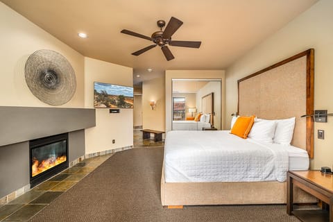 Curl up in bed while the fireplace warms the room.