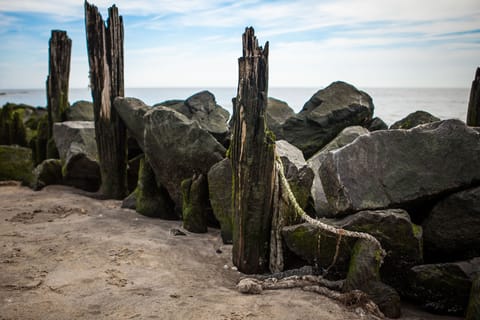 On the beach, sun loungers