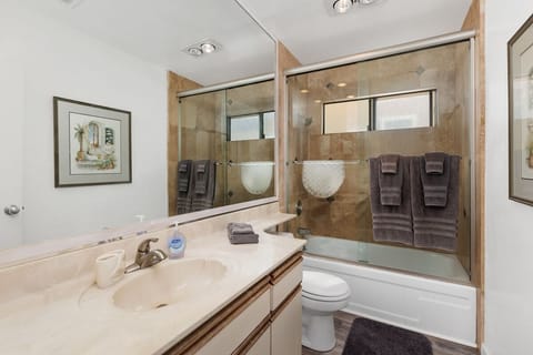 Combined shower/tub, hair dryer, towels, toilet paper