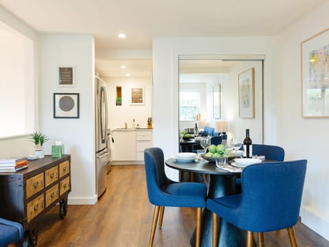 Dining for up to four, extra storage and convenient flow to kitchen.