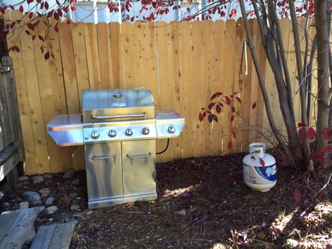 Backyard with 4 burner gas grill and an extra gas tank.