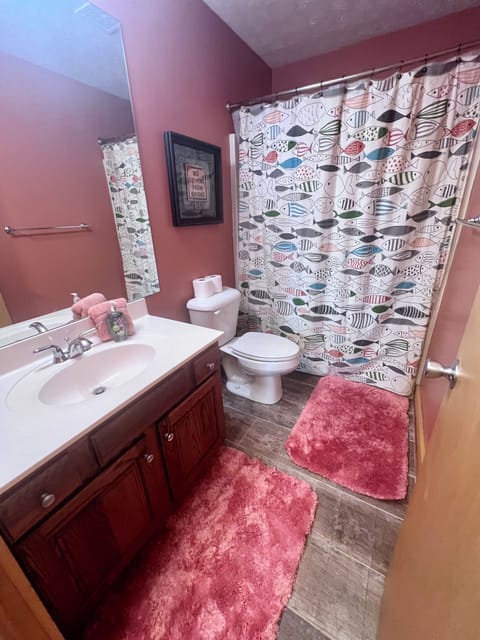 Combined shower/tub, hair dryer, towels, soap