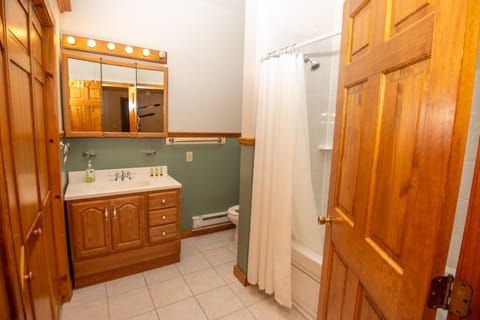 Combined shower/tub, hair dryer, towels, soap