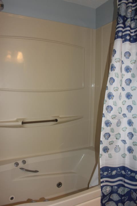 Shower, jetted tub, hair dryer, towels