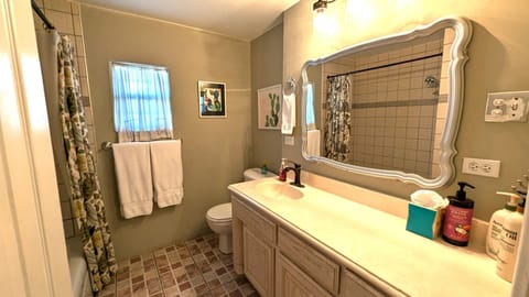 Combined shower/tub, hair dryer, towels, shampoo