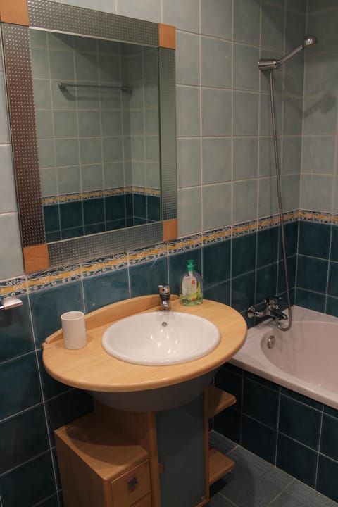 Combined shower/tub, hair dryer, bidet, towels