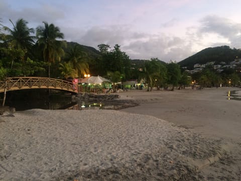 On the beach, sun loungers, beach towels