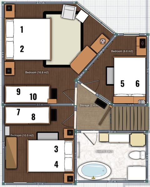 Double Beds: 1 & 2, 3 & 4, 5 & 6
Bunk Beds: 7 & 8, 9& 10