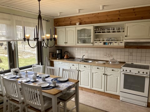 Fridge, stovetop, dishwasher, coffee/tea maker