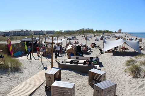 On the beach, sun loungers