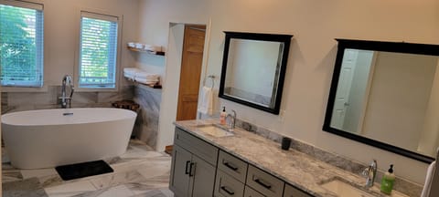 Combined shower/tub, jetted tub, hair dryer, towels