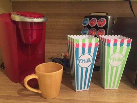 Keurig, coffee pot, hot chocolate, & popcorn.