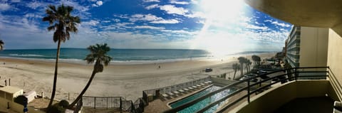 On the beach, sun loungers, beach towels