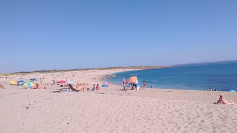 On the beach, sun loungers