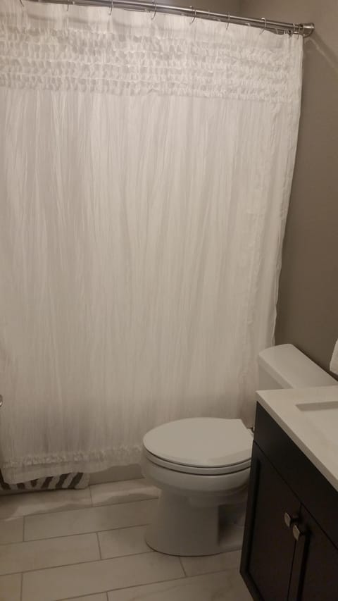 Combined shower/tub, hair dryer, towels, soap