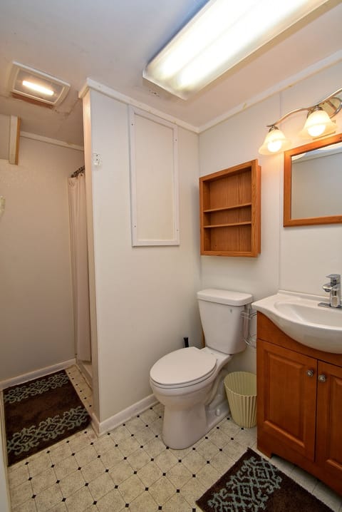 Combined shower/tub, hair dryer, towels, soap