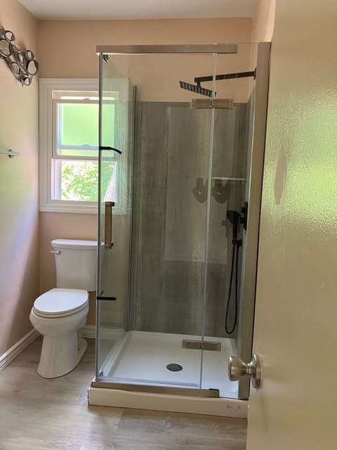 Combined shower/tub, hair dryer, towels, soap