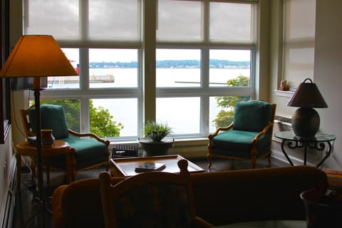 Living room overlooking harbour marina 
