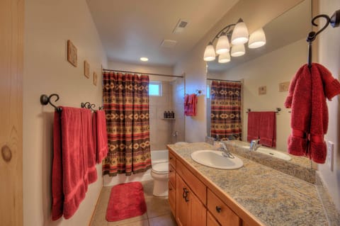 Combined shower/tub, hair dryer, towels, soap