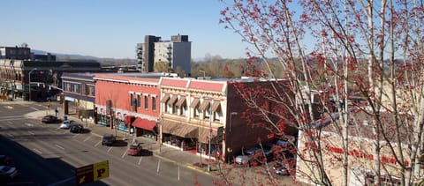 Aerial view of the building and Commercial St. Downtown Salem