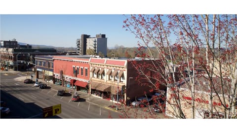Aerial view of the building and Commercial St. Downtown Salem