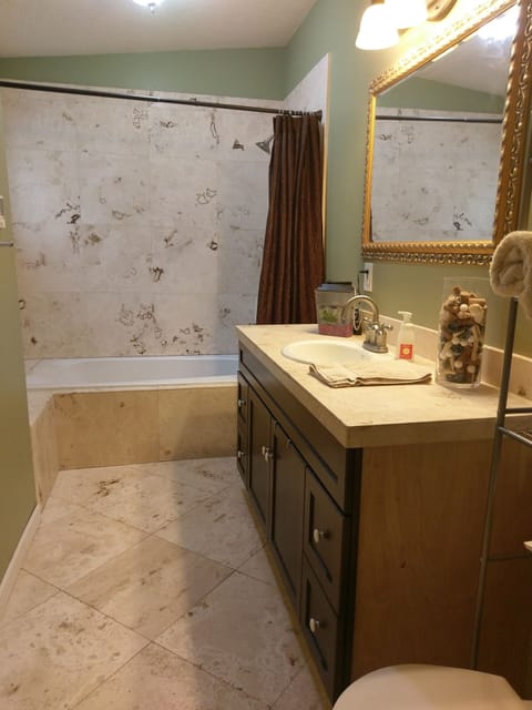 Combined shower/tub, jetted tub, hair dryer, towels