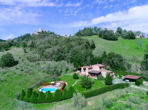Aereal view of Tuscany villa: lawn and pool