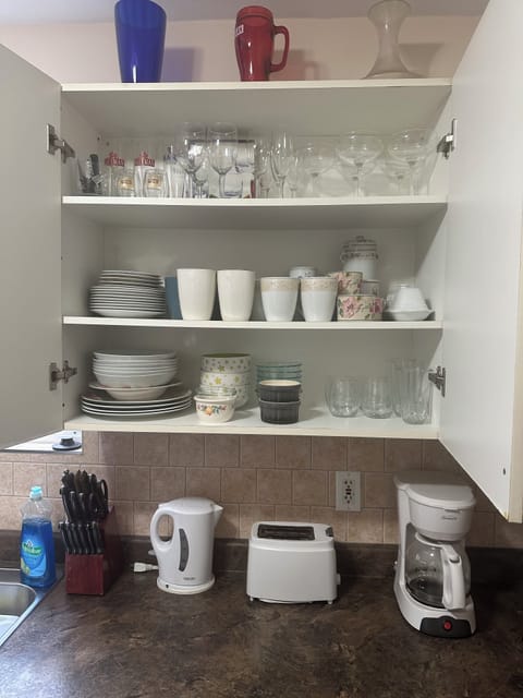 Fridge, microwave, dishwasher, coffee/tea maker