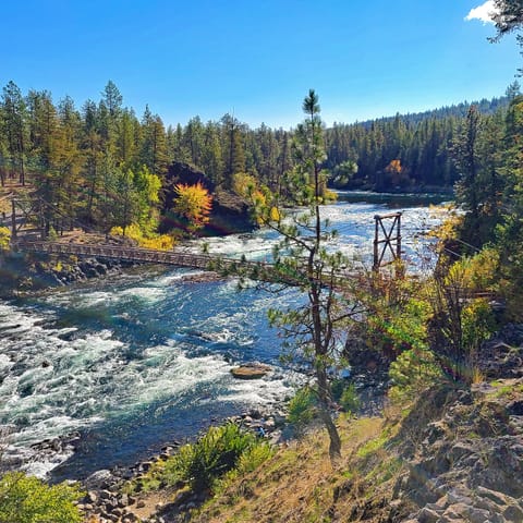 Suspension Foot Bridge: 216-foot span at Bowl & Pitcher in Riverside State Park.