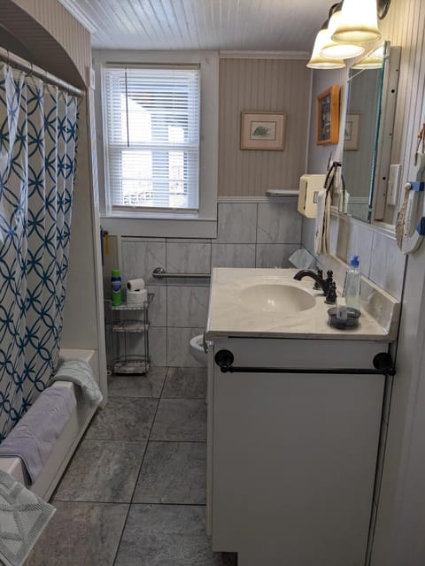 Combined shower/tub, hair dryer, towels, soap