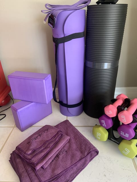 Blocks, towels, straps, weights and yoga mats