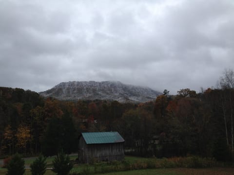 Beautiful snow covered Bluff Mountain view from the 40 ft. front porch.