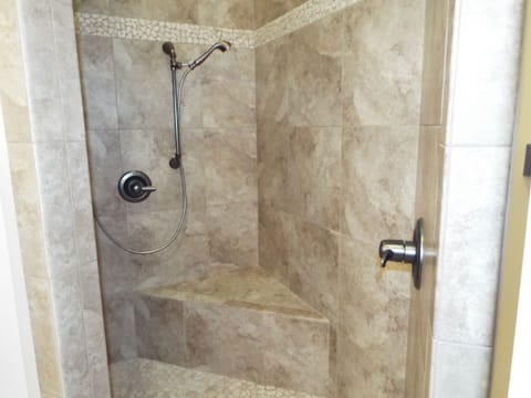 Master Bathroom Shower
Double shower head hand held and rain shower Slate tiles!