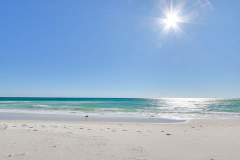 On the beach, sun loungers