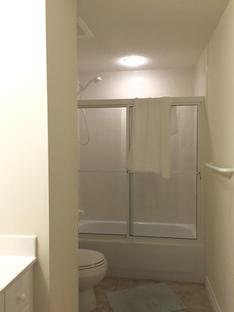 Combined shower/tub, rainfall showerhead, hair dryer, towels