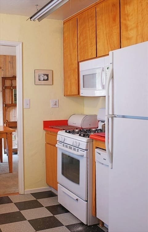 Gas stove, microwave, dishwasher and fridge.