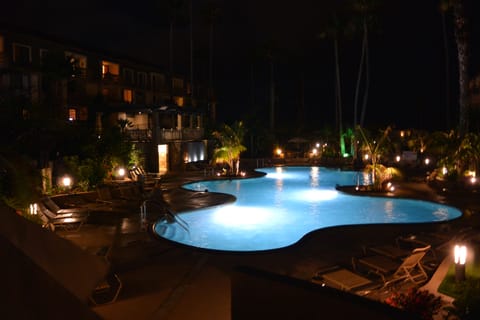 The pool and BBQ area at night. (Photo not taken from our unit)