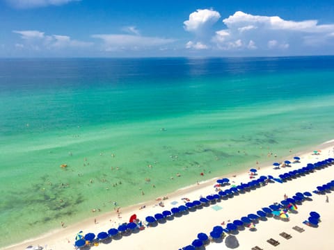 On the beach, sun loungers