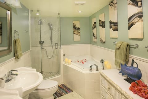 Bathtub, rainfall showerhead, hair dryer, towels